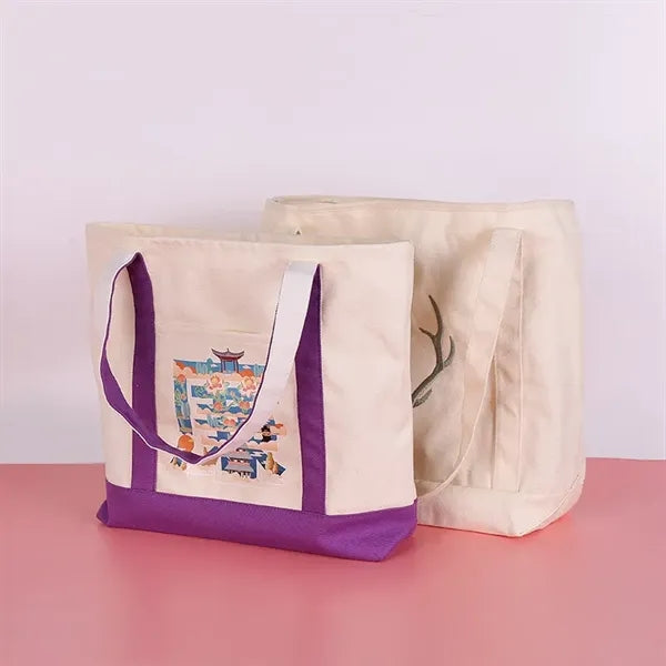 12 oz Zippered Canvas Tote Bag Color Trimmed Front Pocket