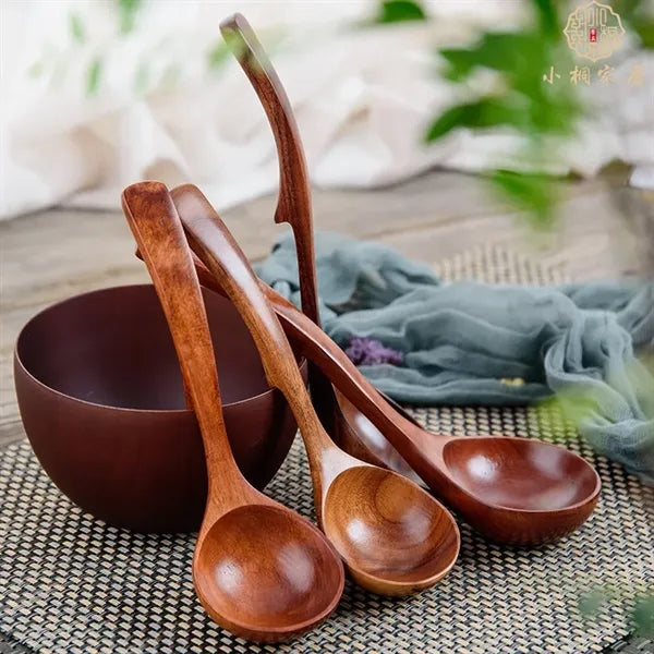 Long Handle Wooden Soup Ladle with Hooked Design