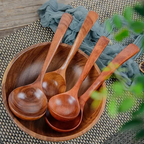 Long Handle Wooden Soup Ladle with Hooked Design