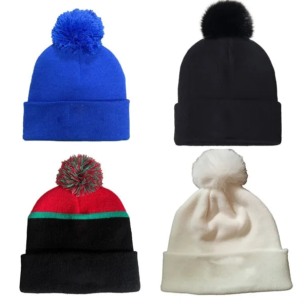 Two-Tone Patch Pompom Beanies