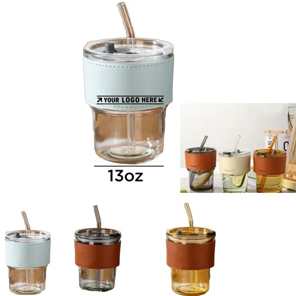 13oz Glass Coffee Mug w/ Straw Lid Leather Sleeve