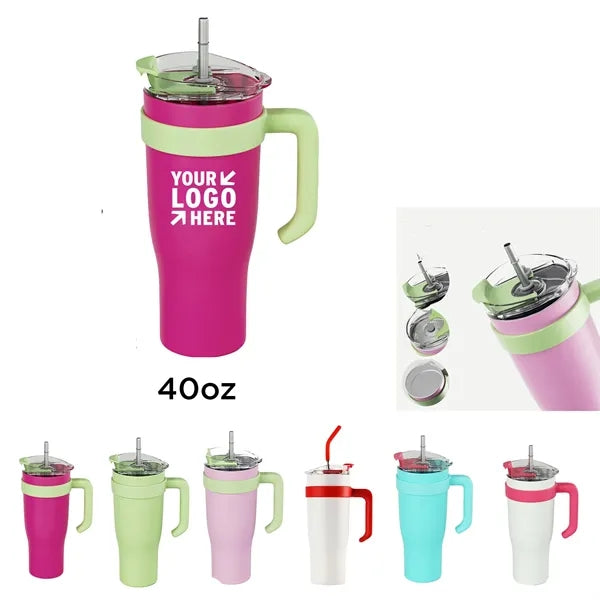 40oz Stainless Steel Tumbler w/Handle and Spill-Proof Lid