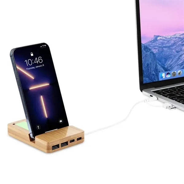 Bamboo USB Hub with Wood Phone Holder