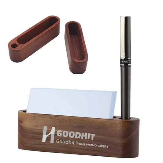 Walnut Wood Business Card Display Stand W/Pen Holder