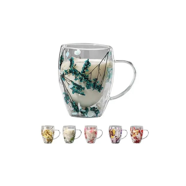Dried Flowers Double Wall Glass Coffee Mugs