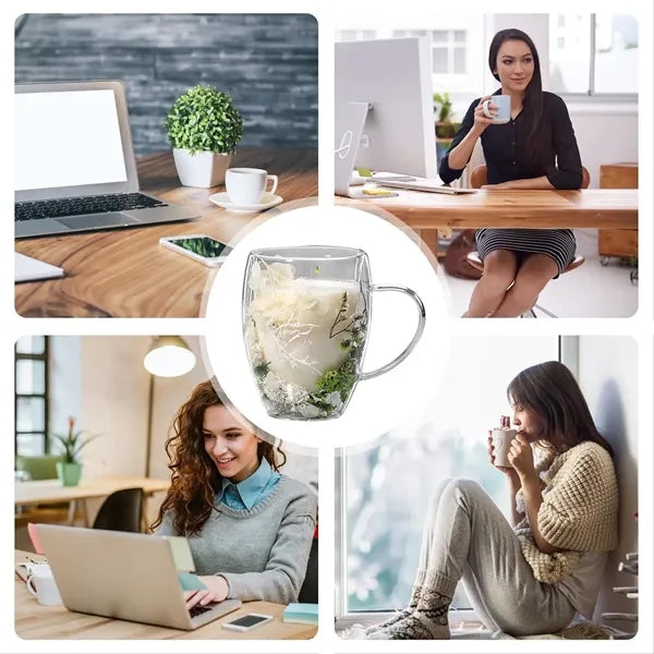 Dried Flowers Double Wall Glass Coffee Mugs