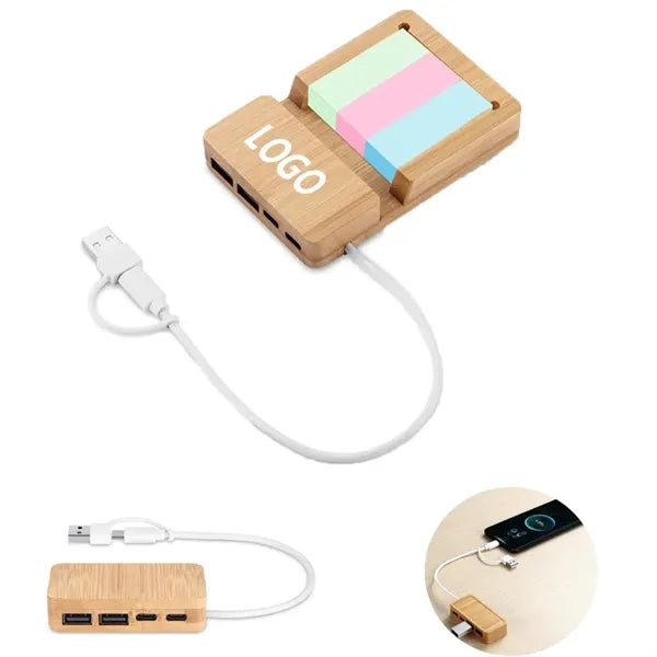 Bamboo Eco-Friendly USB Hub W/ Sticky Notes And Type-C Cable