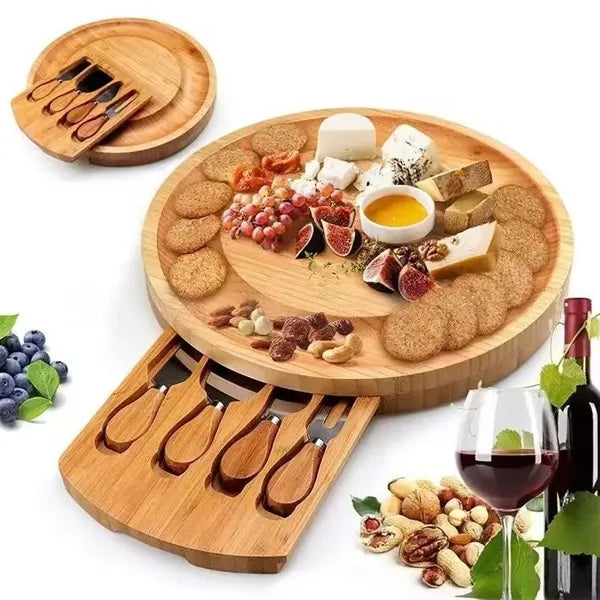 Round Cheese Plate Wooden Cutting Board With Cutlery Set