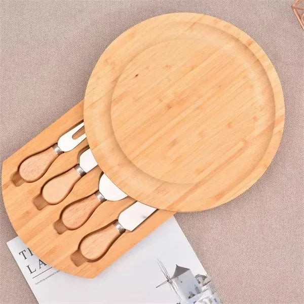 Round Cheese Plate Wooden Cutting Board With Cutlery Set