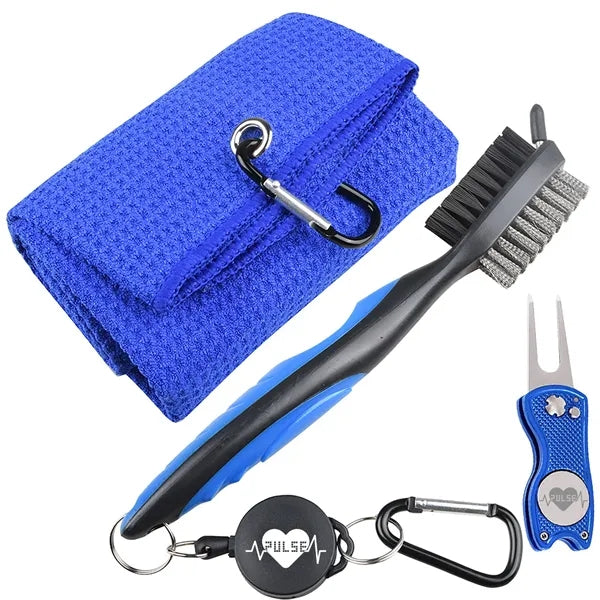 Golf Towel and Brush Set Includes Divot Repair Tool