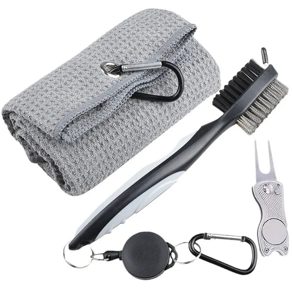 Golf Towel and Brush Set Includes Divot Repair Tool