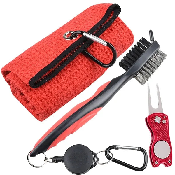 Golf Towel and Brush Set Includes Divot Repair Tool