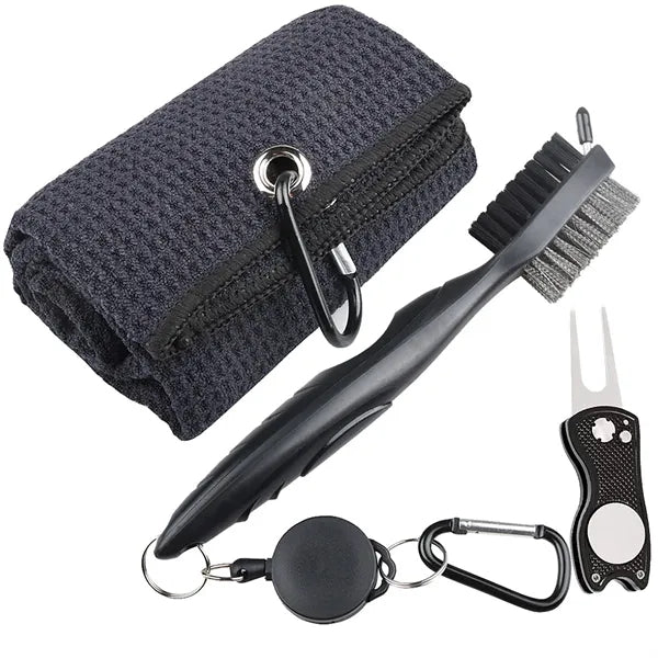 Golf Towel and Brush Set Includes Divot Repair Tool