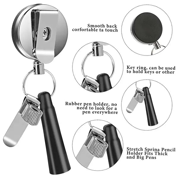 Metal Retractable Badge Reel w/ Silicone Pen Holder & Clip