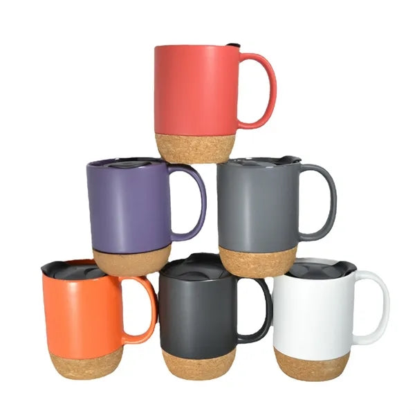 14 OZ Cork Base Ceramic Mug With Lid
