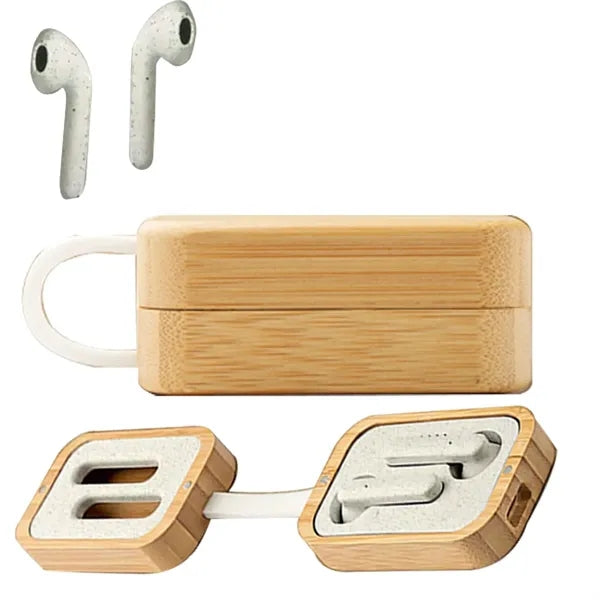 TWS Earbuds In Bamboo Charging Case