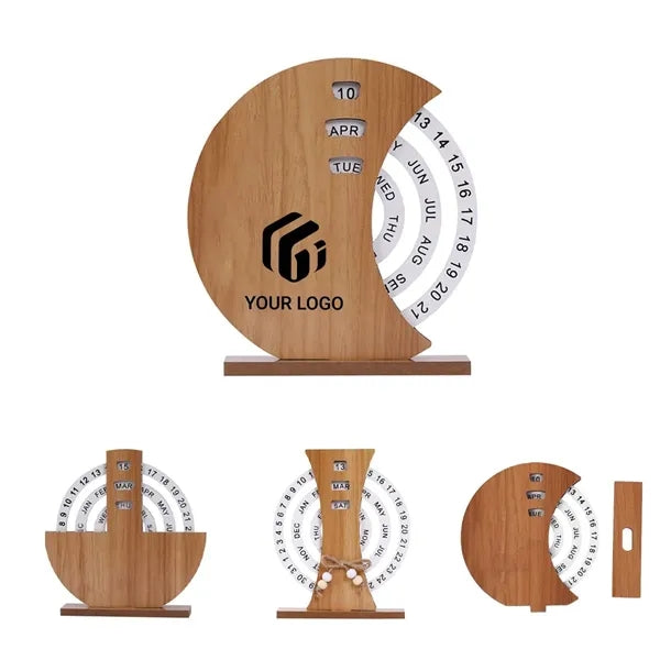 Wooden Rotating Disc Perpetual Office Home Desk Calendar
