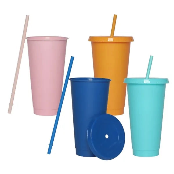 Solid Color Simple Flat Cap Straw Plastic Cup