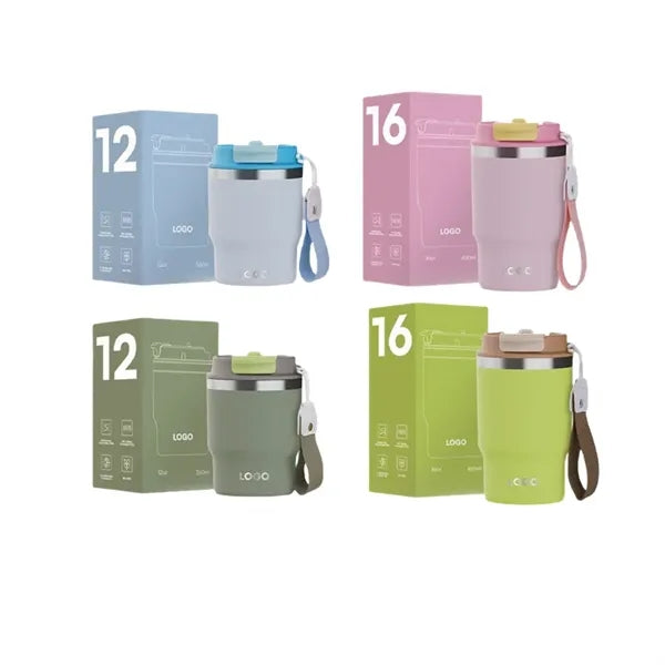 12/16 oz Coffee Tumbler Mug with 2-in-1 Lid and Strap