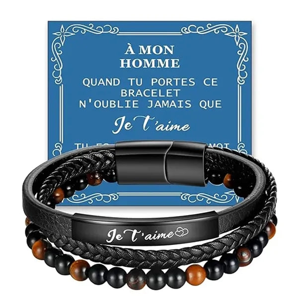 Triple Layer Beaded Braided Leather Bracelet with a Card