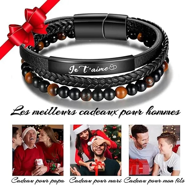 Triple Layer Beaded Braided Leather Bracelet with a Card