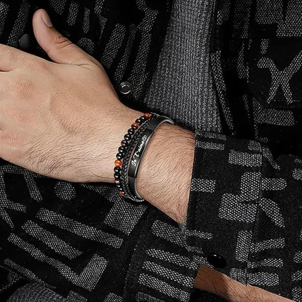 Triple Layer Beaded Braided Leather Bracelet with a Card
