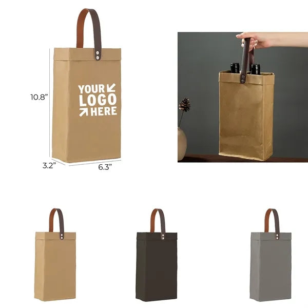 Eco-Friendly Washable Kraft Wine Tote w/ Leather Handle
