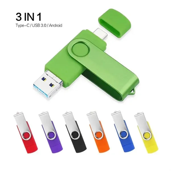3-in-1 Swivel Flash Drive & Type-C, USB 3.0, Andr