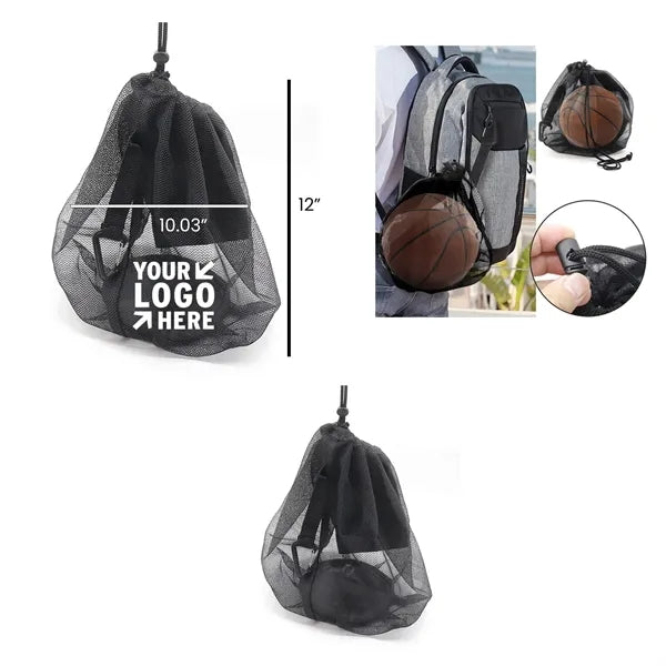 Durable Drawstring Mesh Ball Storage Bag w/ Zipper Pocket