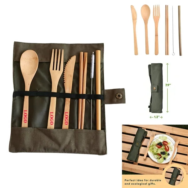 7-Piece Sustainable Bamboo Travel Cutlery Set w/Carry Case