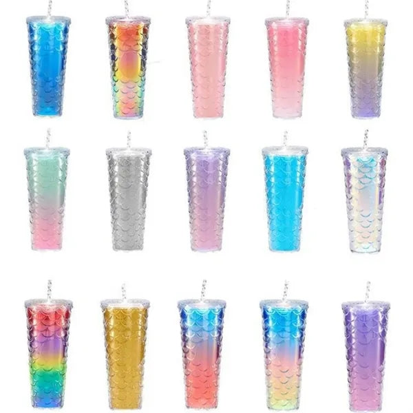 24-27Oz Fish Scale Large Capacity Cup w/ Straw