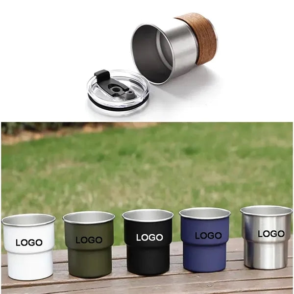 10Oz Stainless Steel Camping Coffee Mug w/Wood Sleeve & Lid