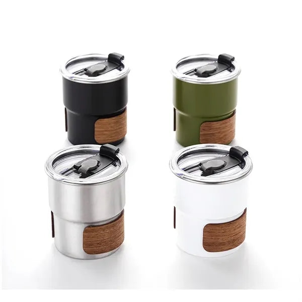 10Oz Stainless Steel Camping Coffee Mug w/Wood Sleeve & Lid