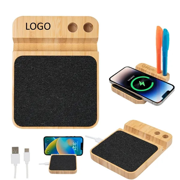 10W Bamboo Wireless Charger with Pen Holder and Phone Stand