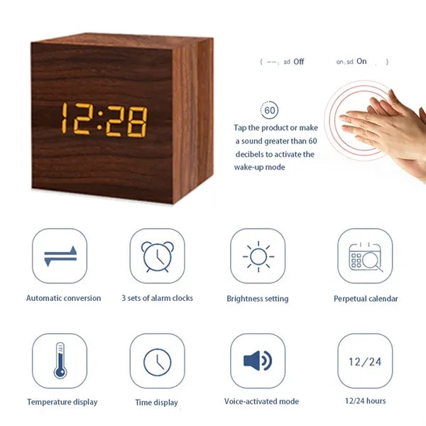 Voice-activated wooden alarm clock