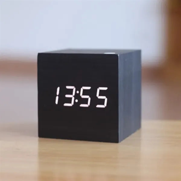 Voice-activated wooden alarm clock