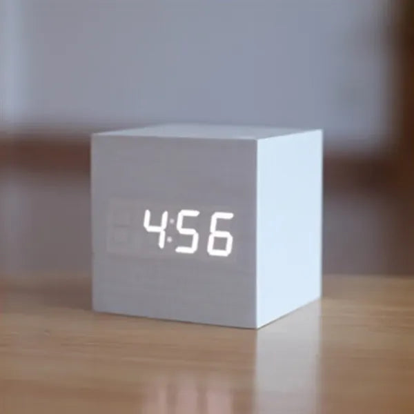 Voice-activated wooden alarm clock