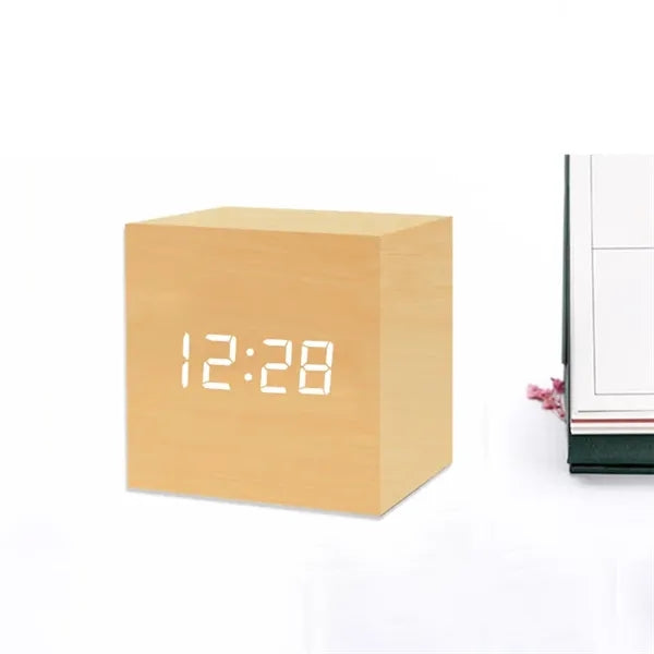 Voice-activated wooden alarm clock