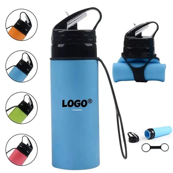 Collapsible Silicone Water Bottle with Straw Strap