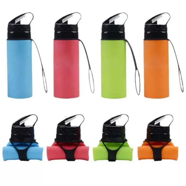Collapsible Silicone Water Bottle with Straw Strap