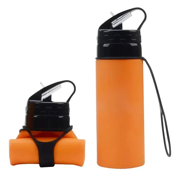 Collapsible Silicone Water Bottle with Straw Strap