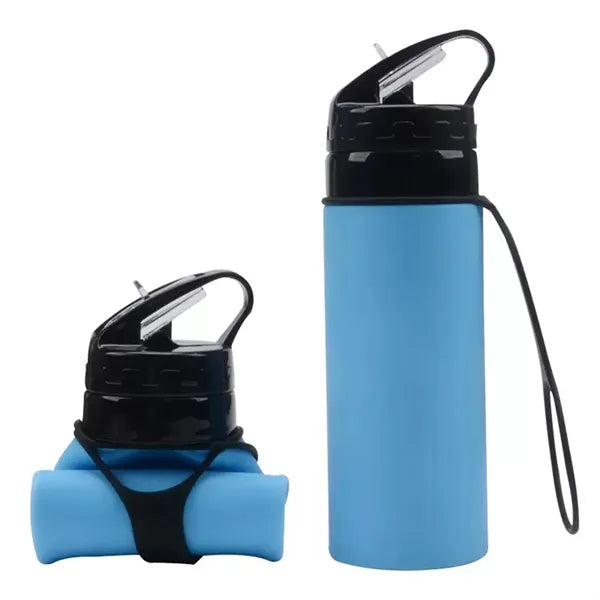 Collapsible Silicone Water Bottle with Straw Strap