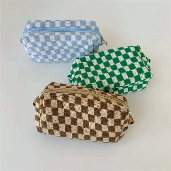 Checkered Zipper Pouch Cosmetic Makeup Bag for Purse