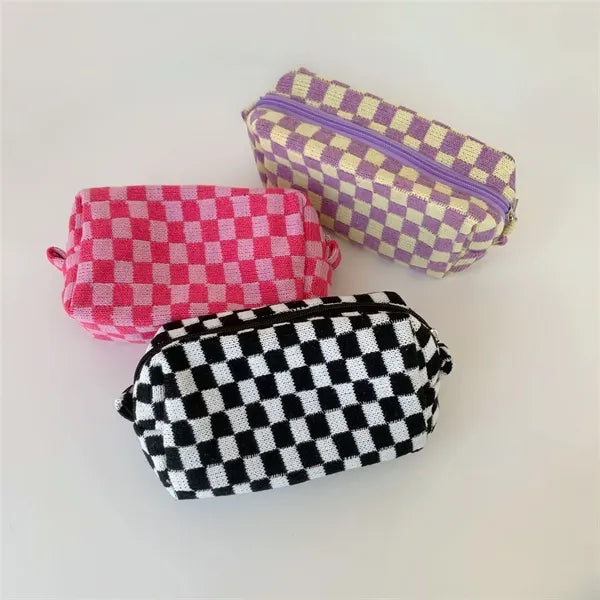 Checkered Zipper Pouch Cosmetic Makeup Bag for Purse