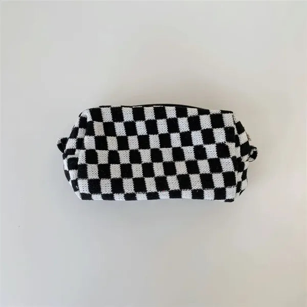 Checkered Zipper Pouch Cosmetic Makeup Bag for Purse