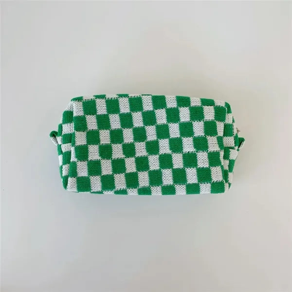 Checkered Zipper Pouch Cosmetic Makeup Bag for Purse