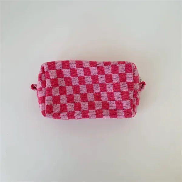 Checkered Zipper Pouch Cosmetic Makeup Bag for Purse