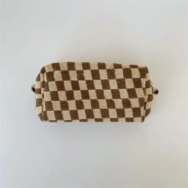 Checkered Zipper Pouch Cosmetic Makeup Bag for Purse