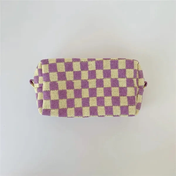Checkered Zipper Pouch Cosmetic Makeup Bag for Purse