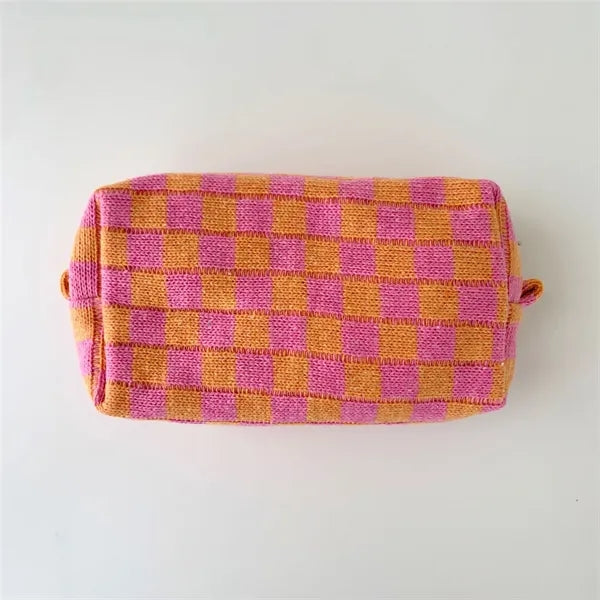 Checkered Zipper Pouch Cosmetic Makeup Bag for Purse